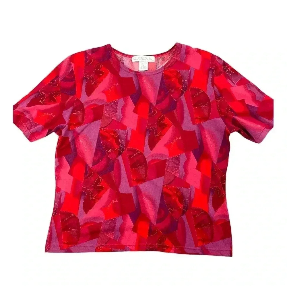 VTG Red Retro Top LARGE Shirt Short Sleeve 1990's Design Claudia D Women's